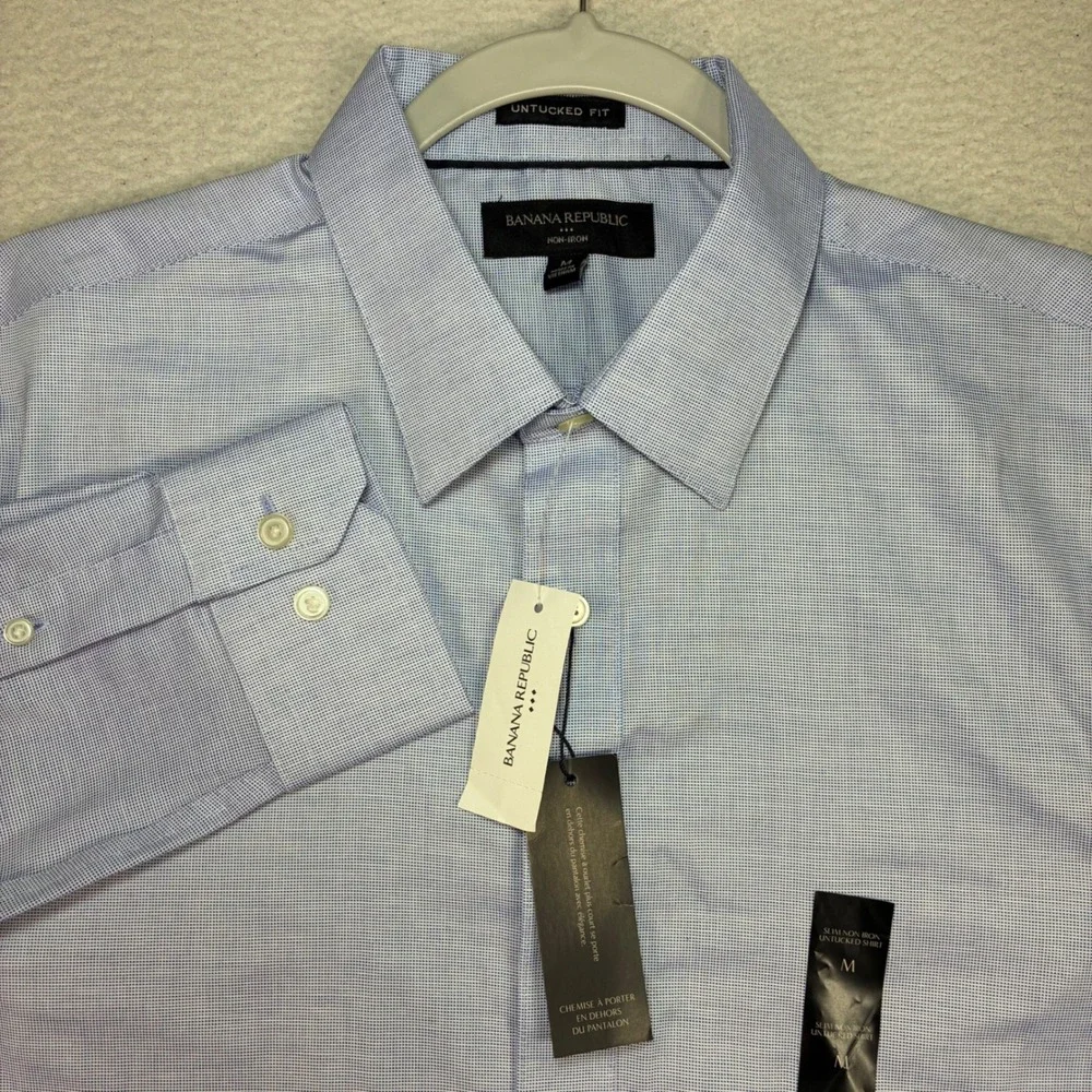 Banana Republic Untucked Dress Shirt Men M Blue Slim Non-Iron Button Preppy NWT